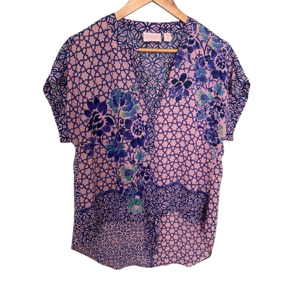 Chico’s Spring Floral Printed Patchwork V-Neck High Low Blouse Top Pink Blue M